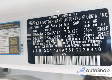 2017 Kia Sorento 3.3L Lx из США, поврежденный, VIN 5XYPG4A58HG226840